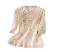 PRINCESS BRIDE Summer Hanfu Cotton-Ramie Casual Loose Blouse 3/4 Sleeve V Neckline Chinese Traditional Clothes with Chinese Frog Button Tops A3 - XL Multicolor