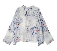 PRINCESS BRIDE Summer Hanfu Cotton-Ramie Casual Loose Blouse 3/4 Sleeve V Neckline Chinese Traditional Clothes with Chinese Frog Button Tops A16 - XL Multicolor