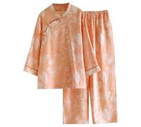 PRINCESS BRIDE Women's Cotton Pajama Set Long Sleeve Top Pants Chinese Frog Button Traditional Hanfu Pjs Sleepwear, L, Pink