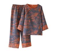 PRINCESS BRIDE Women's Cotton Pajama Set Nine-quarter Sleeve Top with Cropped Pants Chinese Frog Button Traditional Hanfu Pjs, XXL, Navy Blue