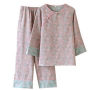 PRINCESS BRIDE Women's Cotton Pajama Set Nine-quarter Sleeve Top with Cropped Pants Chinese Frog Button Traditional Hanfu Pjs, L, Light Pink