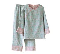 PRINCESS BRIDE Women's Cotton Pajama Set Nine-quarter Sleeve Top with Cropped Pants Chinese Frog Button Traditional Hanfu Pjs, L, Lake Blue