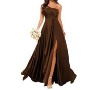 Princess Bridesmaid Dresses One Shoulder Prom Dresses Satin Formal Evening Party Maxi Gown with Slit ZM246 Brown UK10