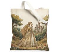 Princess Canvas Tote Bag for Women, Fairy Tale Romantic Castle Trees Spring Earth Tones Washable Reusable Grocery Bags Idea, Earth Tones, 13x15 Inch