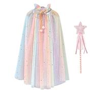 Princess Cape for Girls, Colorful Princess Cloak Sparkling Sequins Tulle Princesses Cape Princesses Fancy Dress Halloween Costume with Fairy Wand for 6-10 Years Old Girls (Colorful)
