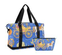 Princess Carriage Blue Art Painting Carry On Shoulder Weekend Tote with Wet Pocket Adjustable Strap Sports Tote Gym Bag for Business Trips 2 Pcs Set for Men Women