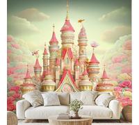 Princess Castle Floral Mural Castle Rose Cloud Self-Adhesive Wallpaper 100x70 cm Fairy Tale Castle Non-Woven Wall Paper for Bedroom Living Room Kitchen Wall Mural Removable Qe40D