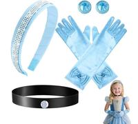Princess Costume Jewelry Set - 4 PCS Rhinestone Crown, Headband, Choker Necklace, Gloves & Earrings for Dress-Up, Birthday Parties, Halloween & Cosplay (Blue)