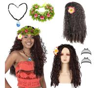 Princess Costume Wig Set Long Curly Hair with Necklace Garland Hairnet Accessories Fancy Dress Up for Women Girls Birthday Party Cosplay Hawaiian Beach Outfit