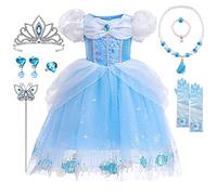 Princess Costumes for Girls, Cinderella Dress Up for Girls with Crown Fairy Wand Necklace Sets, Cinderella Princess Dress Long Skirt, Kids Fancy Dress for Carnival Party Bridesmaid Cosplay (A, 120)