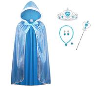 Princess Costumes Hooded Cape for Ladies Fairy Tale Fancy Dress Women Cloak for Halloween Christmas Birthday World Book Day- Includes Earrings, Necklace, Scepter, Crown and Ring（Blue,140cm）