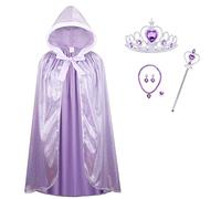 Princess Costumes Hooded Cape for Ladies Fairy Tale Fancy Dress Women Cloak for Halloween Christmas Birthday World Book Day- Includes Earrings, Necklace, Scepter, Crown and Ring（Purple,90cm）