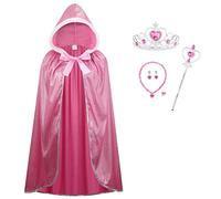 Princess Costumes Hooded Cape for Ladies Fairy Tale Fancy Dress Women Cloak for Halloween Christmas Birthday World Book Day- Includes Earrings, Necklace, Scepter, Crown and Ring（Pink,140cm）