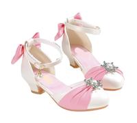 Princess Court Shoes Girls' Leather Shoes Children's Crystal Princess Fashion Pearl Bow High Heel Performance for Halloween Birthday(Pink,34(insole21.5cm))