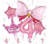 Princess Crown Balloon Set - Pink Number 4 Foil Balloons with Bow for Girls 4th Birthday Party Decorations