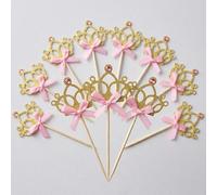 Princess Crown Cake Toppers 12P - Gold Crown with Pink Diamond & Bow Decoration, Pre-Assembled Cupcake Toppers for Birthday Party Decorations