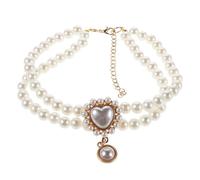 Princess Dog Collar with Double Layer Pearl Design and Heart Pendant | White Plastic and Metal Build, Adjustable Clasp, Lightweight Comfort, for Small Dogs and Puppies at Celebrations