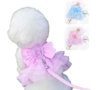 Princess Dog Roses Harness Leash Sets with Bow Knot No Pull Pet Floral Harness Skirt Tutu with D-Ring Luxury Wedding Lace Puppy Girl Small Medium Dogs Cats (Lilac + Baby Blue, Small)