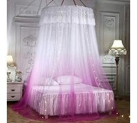 Princess Dome Mosquito Net Double Bed Canopy with String Light, Lace Gradient Color Hanging Bed Tent for Single to King Size Beds Ideal for Bedroom Decorative-Rose Red