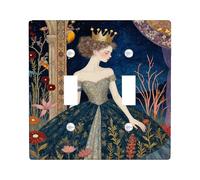 Princess Double Light Switch Cover Plate, Fantasy Fanciful Royal Flowers None Navy Plastic Standard Size Switch Plate Decorative for Living Room Bedroom Home Office Decor
