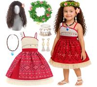 Princess Dress, Halloween Costumes, 7 PCS Hawaiian Outfit with Wig Skirt Wreath Flower Hairpin Necklace Foot Ring Earrings, Kids Hawaiian Fancy Dress for Halloween Christmas Carnival Party (Red 120cm)