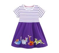 Princess Dress up Carnival Toddler Girls' Striped Animal Print Dress Summer Short Sleeve Embroidered Outfit(Purple,3-4 Years)