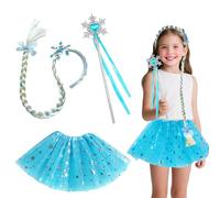 Princess Dress Up for Girls, 3 Pcs Princess Costumes Accessories with Headband Wig Blue Tutu Skirts and Fairy Wand Princesses Fancy Dress for Kids Cosplay Halloween