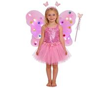 Princess Dresses Glowing Fairy Costume Set with Illuminating Butterfly Wings and Floral Magic Wand Four Piece Dress up Play Kit Magical Outfit for Age 3 To 10 Years