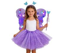 Princess Dresses Glowing Fairy Costume Set with Illuminating Butterfly Wings and Floral Magic Wand Four Piece Dress up Play Kit Magical Outfit for Age 3 To 10 Years