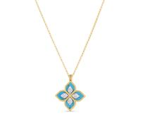 Princess Flower 18ct Yellow Gold Turquoise & 0.18ct Diamond Pendant Necklace