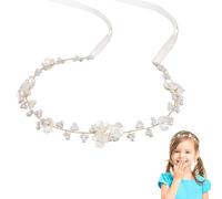 Princess Flower Wreath with Pearls for Communion Wedding, White Elegant Headband with Flower Ribbon, Hair Accessories for Girls Bride, Perfect Photography Accessory for Christenings, Wedding