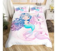 Princess Girl Duvet Cover Set King Size, Cute Mermaid Unicorn Bedding Set for Kids Adults Women Room Decor, Cartoon Rainbow Unicorn Comforter Cover, Soft Polyester Quilt Cover, 2 Pillowcases