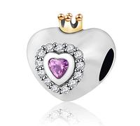Princess Heart Charms with Crown, Fit Pandora Valentines Bracelet, 925 Sterling Silver I Love You Regal Heart CZ Wedding Anniversary Beads, Gift for Daughter/Wife/Best Mum