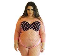 PRINCESS LACE BOUTIQUE Wide Net Sleeve Bodystocking Bodysuit Baselayer Plus BBW (Cherry Pink)