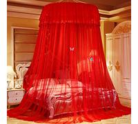 Princess Lace Mosquito Net Dome Double Bed Canopy, Lace Hanging Bed Tent Bedroom Tent for Single to King Size Beds Ideal for Bedroom Decorative-Red