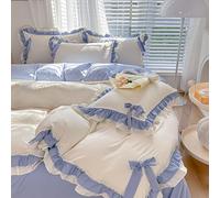 Princess Lace Ruffles 4-piece, Bow Bedding Set, Chic Ruffled Duvet Cover with Lovely Bow, Princess Style 1 Duvet Cover with 2 Pillowcases, 1 Bed Sheet, With Zipper closure,blue,full