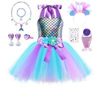 Princess Mermaid Fancy Dress for Kids, Mermaid Dress Up with Headband Necklace Set, Princess Costume Fancy Dress for Birthday Halloween Christmas Cosplay (120)