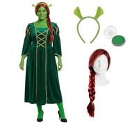 Princess Ogre Costume for Adults - Green Princess Dress with Ogre Ears, Plait Wig & Green Face Paint - Perfect for Fairy Tale, Movie & Halloween Fun