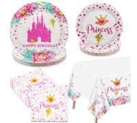 Princess Party Decorations - Castle Decorations Including Pink Paper Plates, Napkins and Tablecloth for Baby Shower Princess Birthday Party Supplies, Serve 20