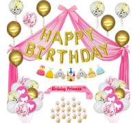 Princess Party Supplies, Tulle Backdrop, Gold Happy Birthday Balloons Banners, Latex Balloons, Birthday Princess Sash, Cake Topper, Honeycomb Balls, Girls Birthday Decorations 2nd 3rd 4th 5th
