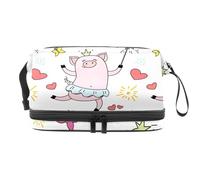 Princess Piggy Piggy Ballet Crown Magic Pig Pattern Double Layer Cosmetic Bag for Women and Girls, Travel Toiletry Bag Makeup Handy Pouch Organiser Bag with Brush Compartment