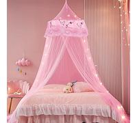 Princess Pink Mosquito Mesh Net Large Dome Hanging Canopy for Girls With Round Lace for Punch-free Installation - Single to Double Bed - Ideal for Bedroom Decorative (Pink)