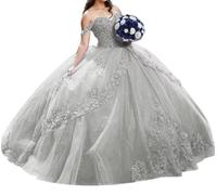 Princess Puffy Tulle Quinceanera Dresses 3D Flower Beaded Lace Ball Gowns Off Shoulder Sweet 16 Gowns Silver UK26