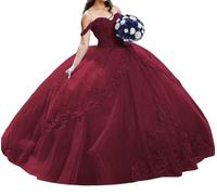 Princess Puffy Tulle Quinceanera Dresses 3D Flower Beaded Lace Ball Gowns Off Shoulder Sweet 16 Gowns Burgundy UK26