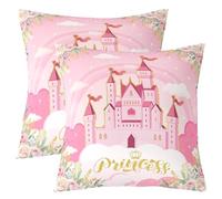 Princess Theme Decorative Square Throw Pillow Cover Pink Castle Dreamy Pillow Cover for Living Room RV Flowers Garden Fairy Tale Party Cushion Case Gifts for Girls Age 6-8, 2 Pack 16"x16"