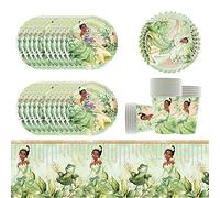 Princess Tiana Birthday Party Tableware, Princess and Frog Party Accessories Paper Plates Set Including Tablecloth Plates Cups Napkins for Baby Shower, Weddings, Anniversaries (20 Guests)