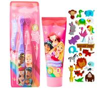 Princess Toothbrush and Toothpaste Set. Pack of 2 Princess Toothbrushes Plus 1 Princess Strawberry Flavour Toothpaste 75ml. A Hadco Bundle with A Puffy Sticker Sheet Included.
