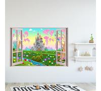 Princess Wall Sticker - Castle Flowers Open Window Decal Art (60cm Width x 40cm Height)