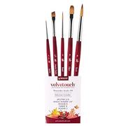 Princeton Velvetouch, Series 3950, Paint Brush for Acrylic, Oil and Watercolor, Set of 5 Spotter 5/0, Angle Shader ¼”, Round 8, Filbert 8, Round 2