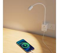 PRINCEWAY Plug in Dimmable LED Reading Light, Flexible White Wall Sconce Spot Light with Power Plug and Socket for Bedroom, Two Touch Switches, 3 Lighting Color Modes, USB Output Charging Function